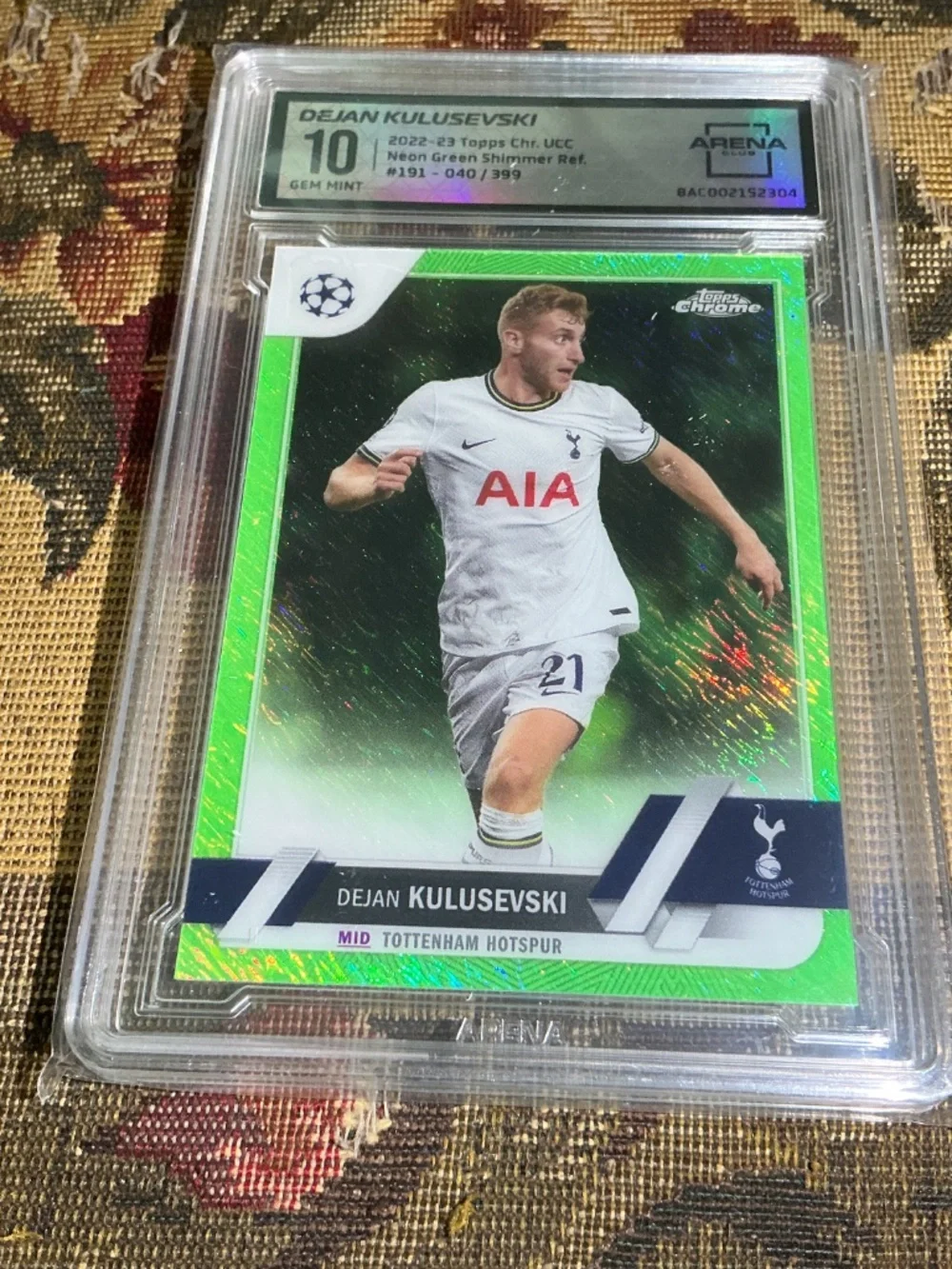 2022 Topps Chrome Dejan Kulusevski #19 Neon Green Shimmer /399 Graded Arena 10